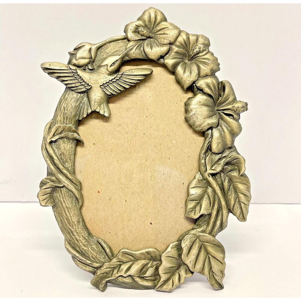 Vintage Hummingbird Blooming Vine - Floral Pewter Tone Oval 3x5 Picture Frame